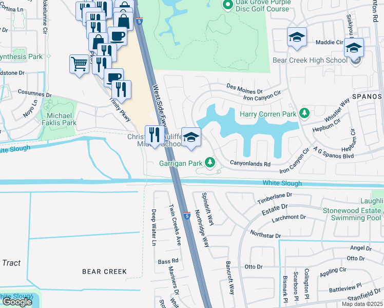 map of restaurants, bars, coffee shops, grocery stores, and more near 3880 Iron Canyon Circle in Stockton