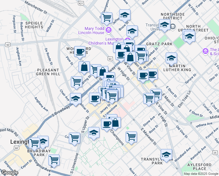 map of restaurants, bars, coffee shops, grocery stores, and more near 211 West Maxwell Street in Lexington