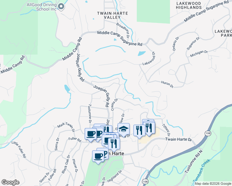 map of restaurants, bars, coffee shops, grocery stores, and more near 23333 Mountain Drive in Twain Harte