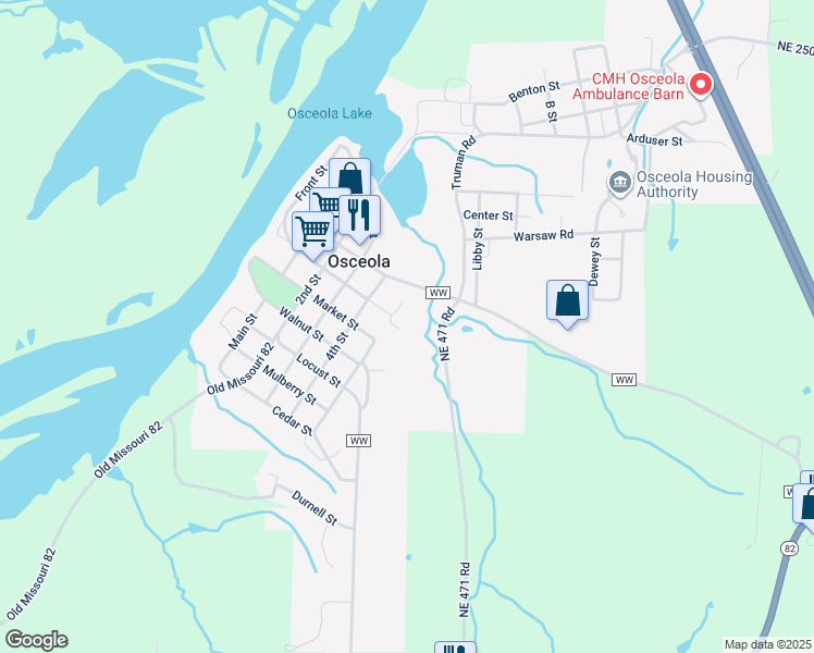 map of restaurants, bars, coffee shops, grocery stores, and more near 605 5th Street in Osceola