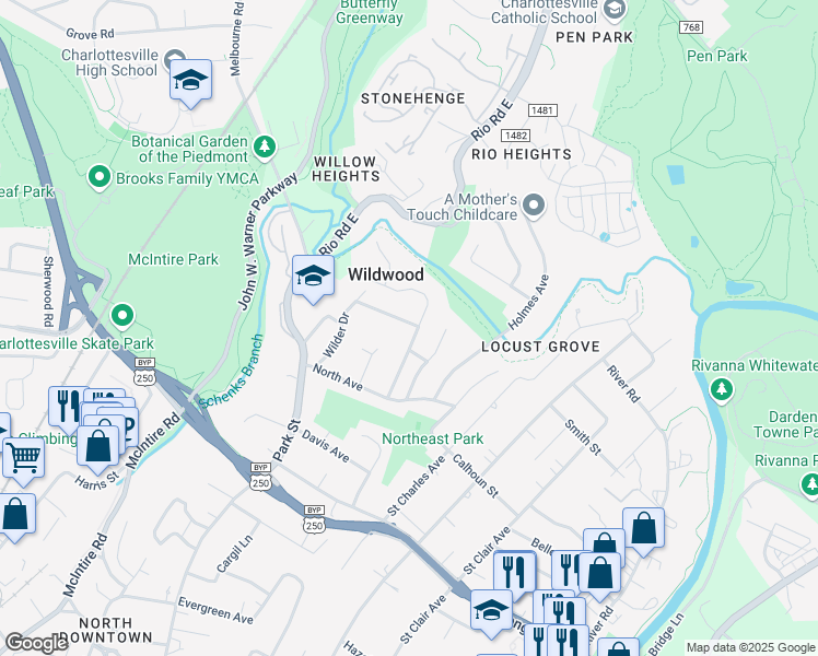 map of restaurants, bars, coffee shops, grocery stores, and more near 1015 Cottonwood Rd in Charlottesville