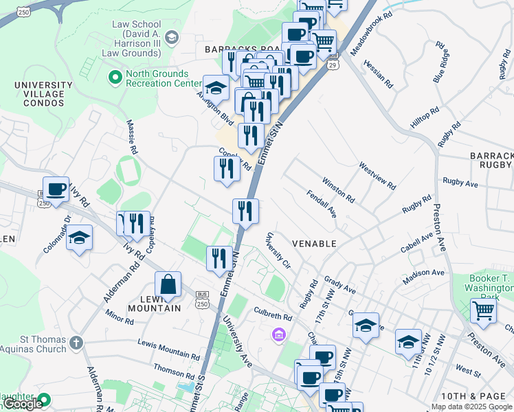 map of restaurants, bars, coffee shops, grocery stores, and more near 2-198 University Gardens in Charlottesville