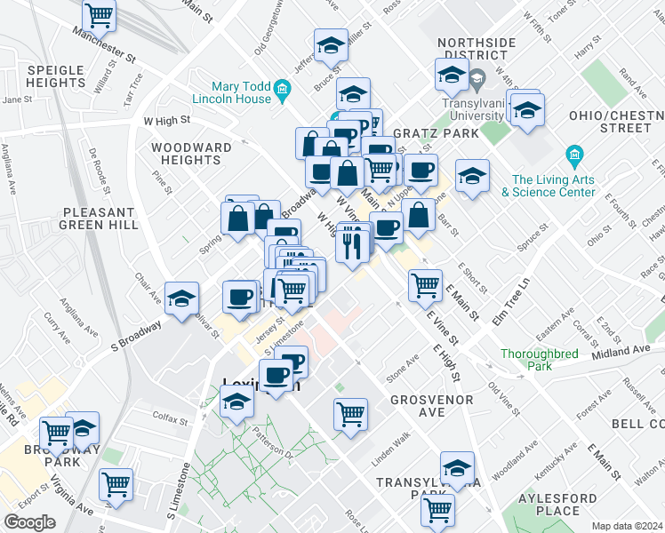 map of restaurants, bars, coffee shops, grocery stores, and more near 356 South Upper Street in Lexington