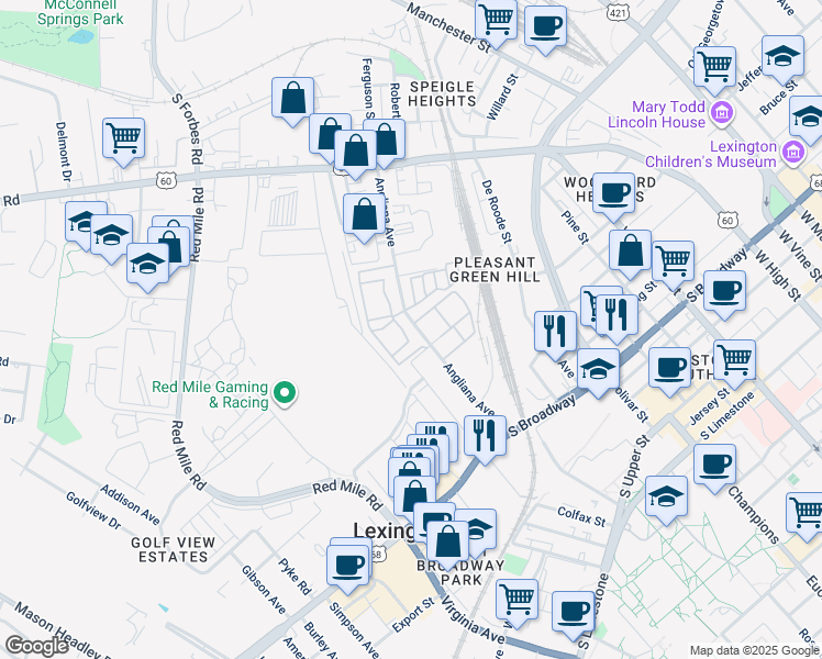 map of restaurants, bars, coffee shops, grocery stores, and more near 498 Angliana Avenue in Lexington