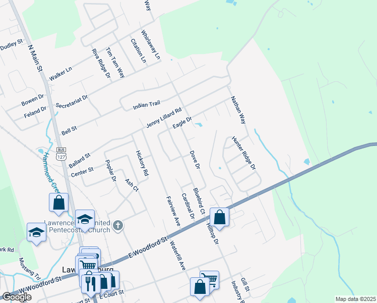 map of restaurants, bars, coffee shops, grocery stores, and more near 122 Bluebird Court in Lawrenceburg