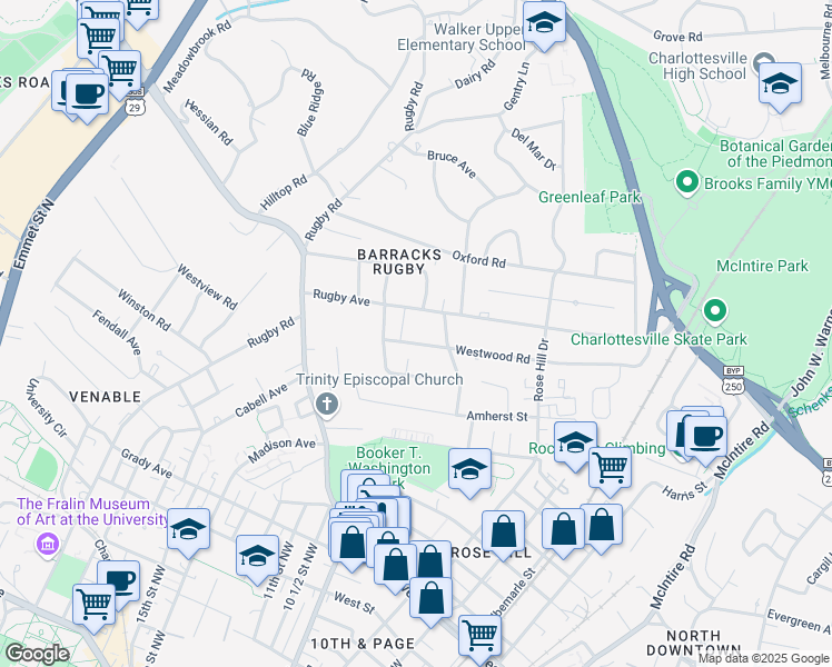 map of restaurants, bars, coffee shops, grocery stores, and more near 1615 Westwood Road in Charlottesville