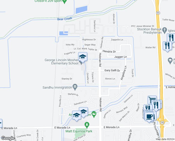 map of restaurants, bars, coffee shops, grocery stores, and more near 10058 Ornella Lane in Stockton