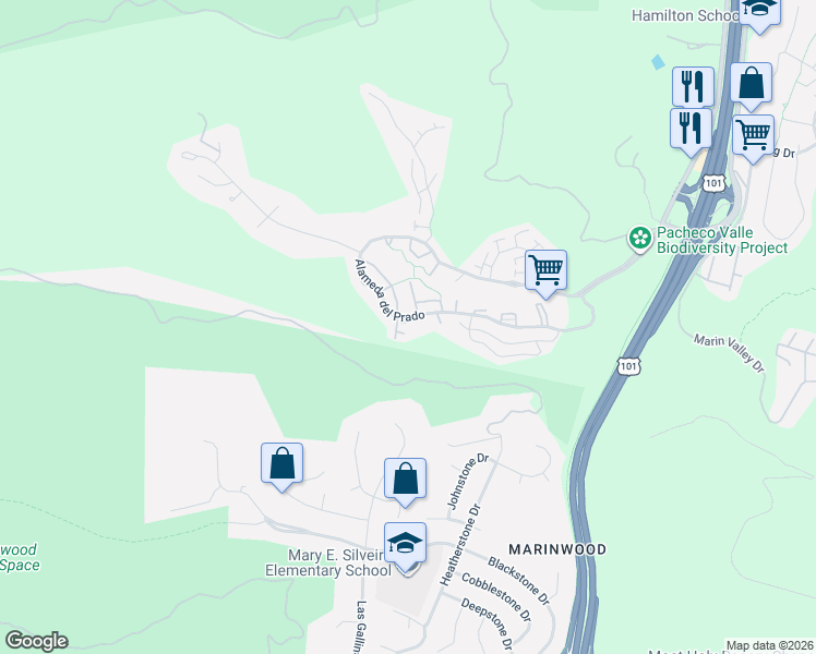 map of restaurants, bars, coffee shops, grocery stores, and more near 12 Elf Owl Court in Novato