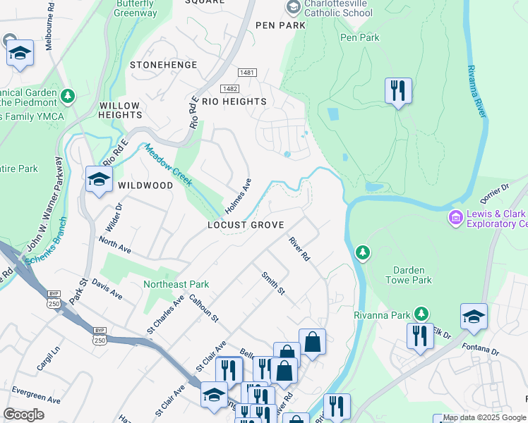 map of restaurants, bars, coffee shops, grocery stores, and more near 905 Locust Lane in Charlottesville