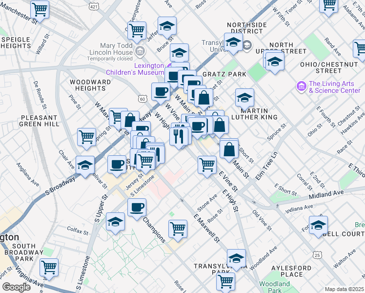 map of restaurants, bars, coffee shops, grocery stores, and more near 228 South Limestone in Lexington