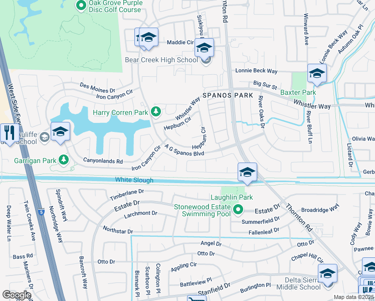 map of restaurants, bars, coffee shops, grocery stores, and more near 3192 Joshua Tree Circle in Stockton