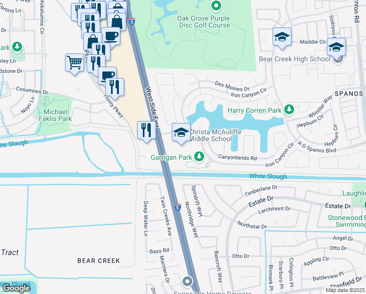 map of restaurants, bars, coffee shops, grocery stores, and more near 3880 Iron Canyon Circle in Stockton