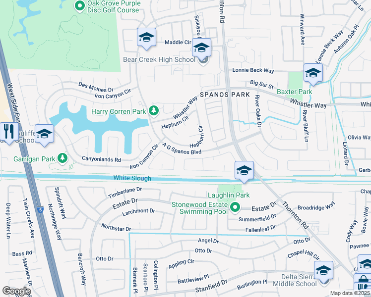map of restaurants, bars, coffee shops, grocery stores, and more near 3192 Joshua Tree Circle in Stockton