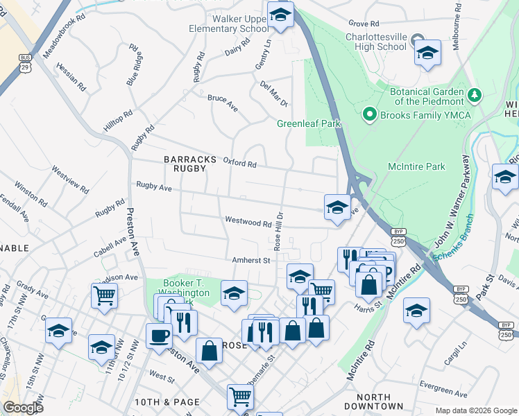 map of restaurants, bars, coffee shops, grocery stores, and more near 1505 Westwood Road in Charlottesville