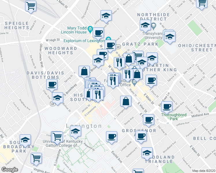 map of restaurants, bars, coffee shops, grocery stores, and more near 228 South Limestone in Lexington