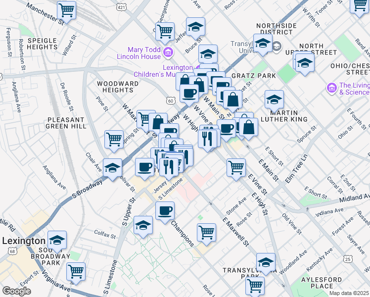 map of restaurants, bars, coffee shops, grocery stores, and more near 356 South Upper Street in Lexington