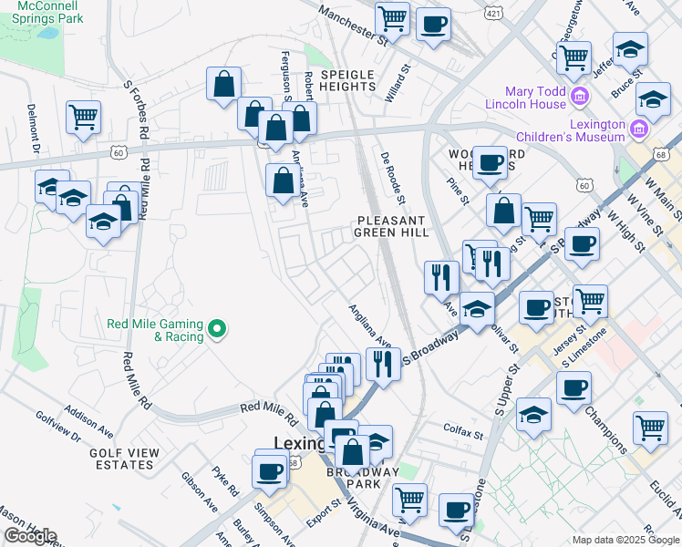 map of restaurants, bars, coffee shops, grocery stores, and more near 498 Angliana Avenue in Lexington