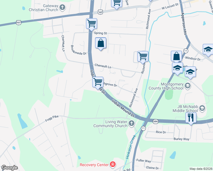 map of restaurants, bars, coffee shops, grocery stores, and more near 1600 Indian Mound Drive in Mount Sterling