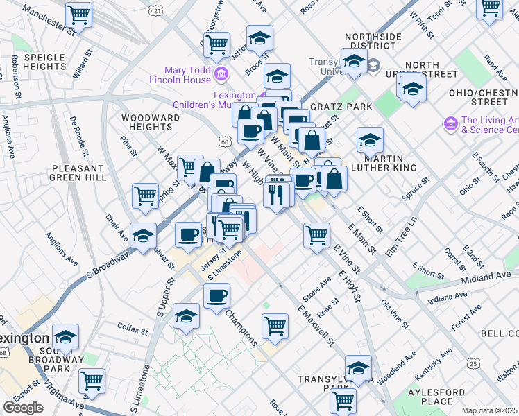 map of restaurants, bars, coffee shops, grocery stores, and more near 328 South Upper Street in Lexington