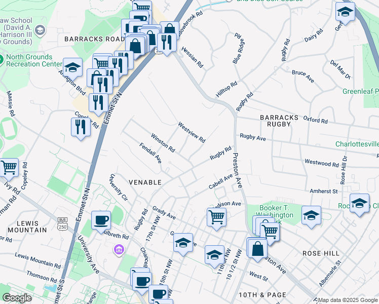 map of restaurants, bars, coffee shops, grocery stores, and more near 905 Rosser Lane in Charlottesville