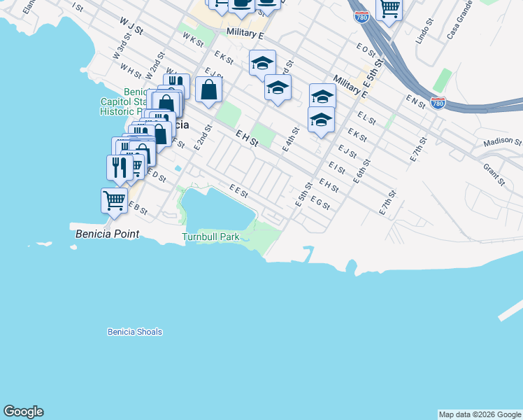 map of restaurants, bars, coffee shops, grocery stores, and more near 416 East E Street in Benicia