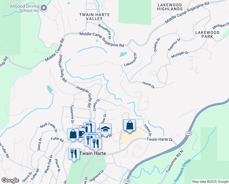 map of restaurants, bars, coffee shops, grocery stores, and more near 18858 Lookout Drive in Twain Harte