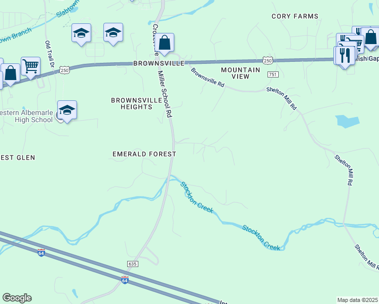 map of restaurants, bars, coffee shops, grocery stores, and more near 5649 Frank Tate Road in Charlottesville