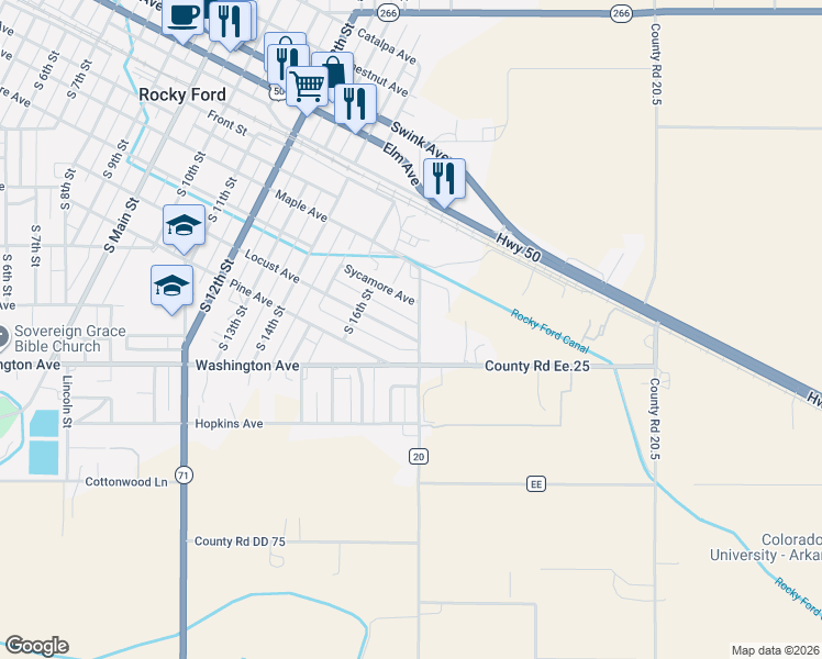 map of restaurants, bars, coffee shops, grocery stores, and more near 1550-1616 Sycamore Avenue in Rocky Ford