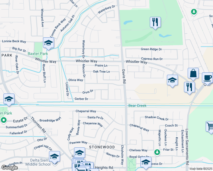 map of restaurants, bars, coffee shops, grocery stores, and more near 10118 Kaycee Lane in Stockton