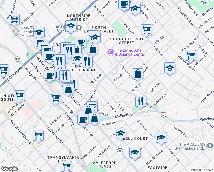 map of restaurants, bars, coffee shops, grocery stores, and more near 310 East Third Street in Lexington