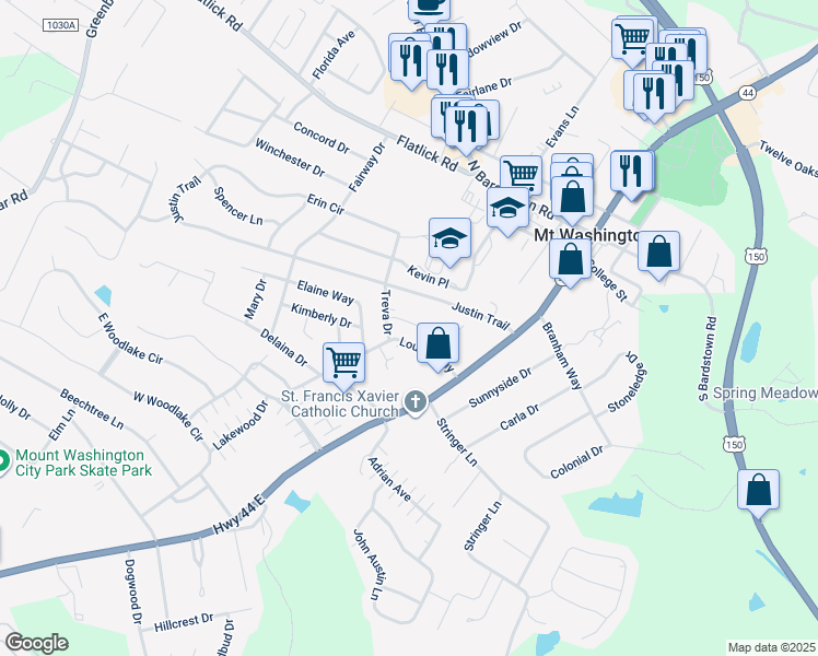 map of restaurants, bars, coffee shops, grocery stores, and more near 208 Treva Court in Mount Washington
