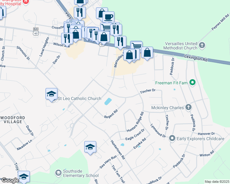 map of restaurants, bars, coffee shops, grocery stores, and more near 431 Marsailles Road in Versailles