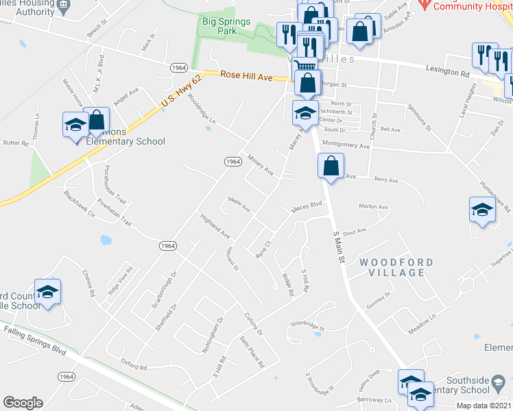map of restaurants, bars, coffee shops, grocery stores, and more near 261 Macey Avenue in Versailles