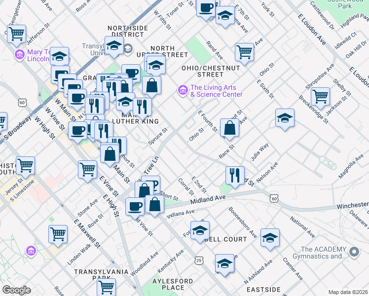 map of restaurants, bars, coffee shops, grocery stores, and more near 310 East Third Street in Lexington