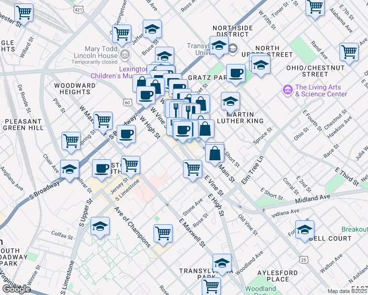 map of restaurants, bars, coffee shops, grocery stores, and more near 101 East Vine Street in Lexington