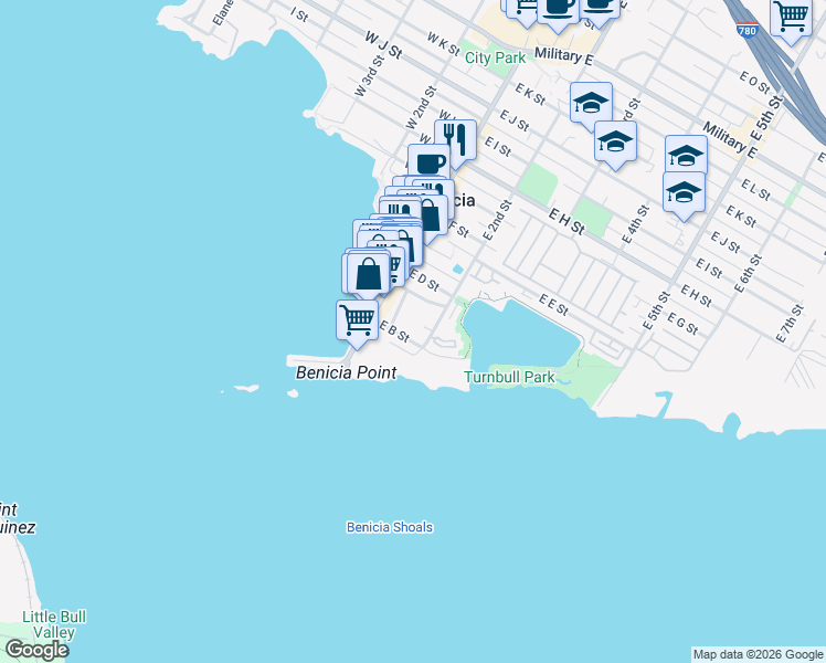 map of restaurants, bars, coffee shops, grocery stores, and more near 191 East B Street in Benicia