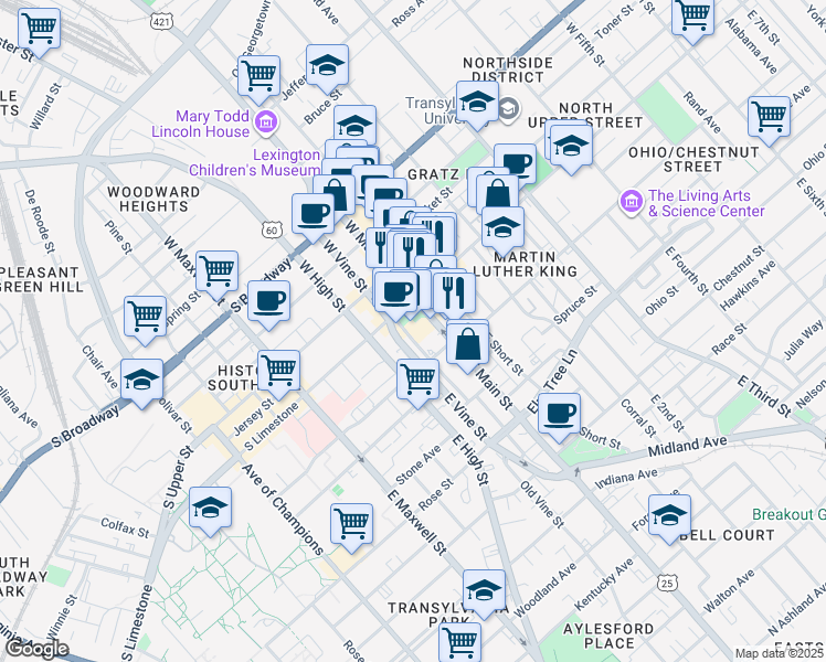 map of restaurants, bars, coffee shops, grocery stores, and more near 120 East Main Street in Lexington