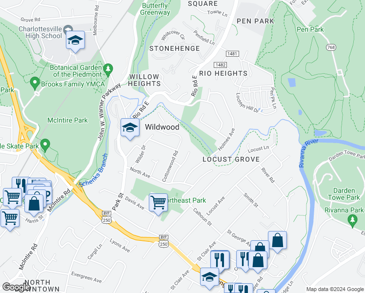 map of restaurants, bars, coffee shops, grocery stores, and more near 1024 Cottonwood Road in Charlottesville