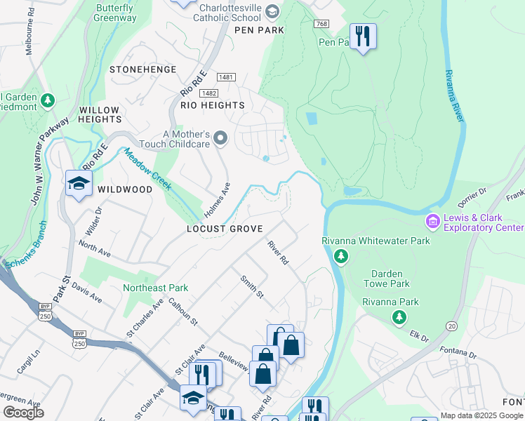map of restaurants, bars, coffee shops, grocery stores, and more near 917 Locust Lane in Charlottesville