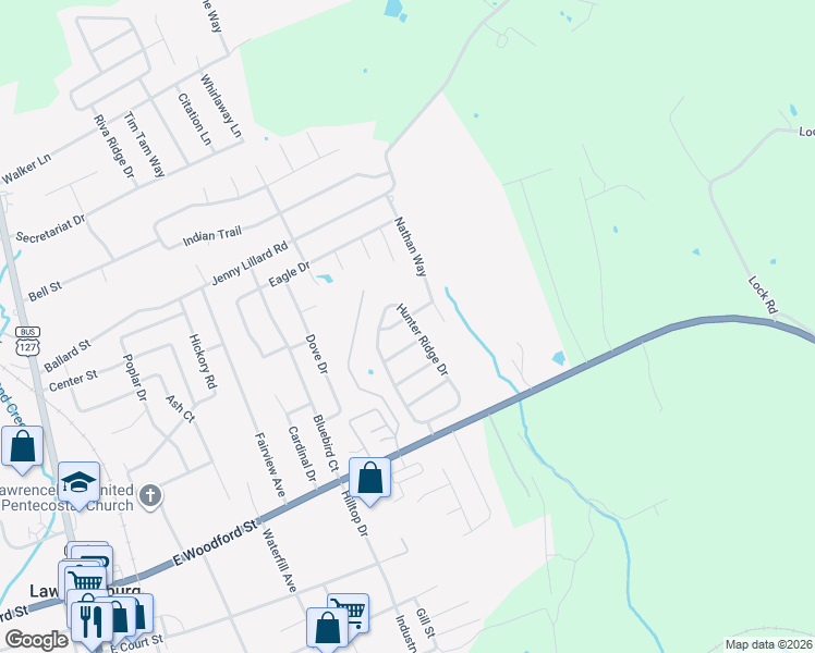 map of restaurants, bars, coffee shops, grocery stores, and more near 133 Hunter Ridge Drive in Lawrenceburg