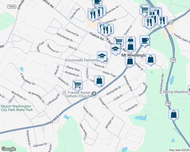 map of restaurants, bars, coffee shops, grocery stores, and more near 289 Justin Trail in Mount Washington