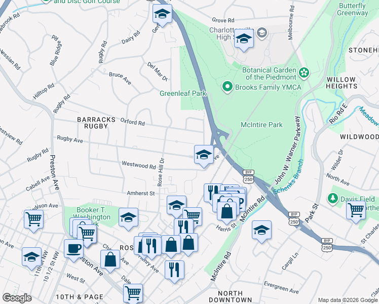 map of restaurants, bars, coffee shops, grocery stores, and more near 1416 Rutledge Avenue in Charlottesville