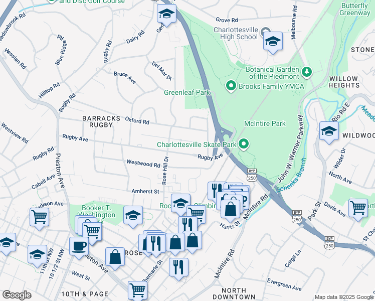 map of restaurants, bars, coffee shops, grocery stores, and more near 1439 Rugby Avenue in Charlottesville