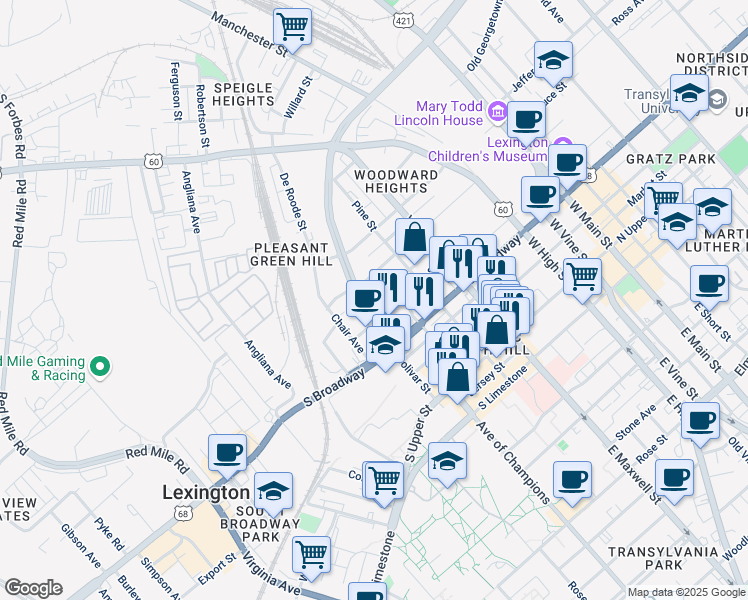 map of restaurants, bars, coffee shops, grocery stores, and more near 565 Patterson Street in Lexington