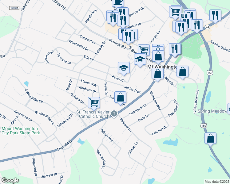 map of restaurants, bars, coffee shops, grocery stores, and more near 289 Justin Trail in Mount Washington