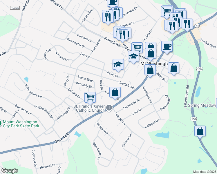 map of restaurants, bars, coffee shops, grocery stores, and more near 272 Treva Court in Mount Washington