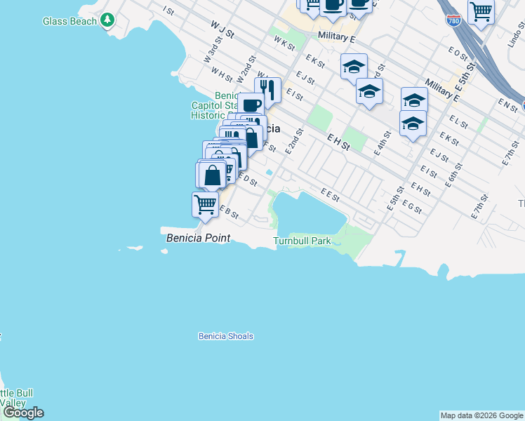 map of restaurants, bars, coffee shops, grocery stores, and more near 352 East 2nd Street in Benicia