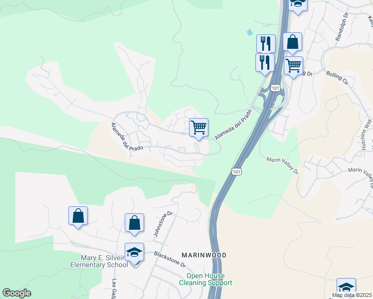 map of restaurants, bars, coffee shops, grocery stores, and more near 106 Oriole Circle in Novato