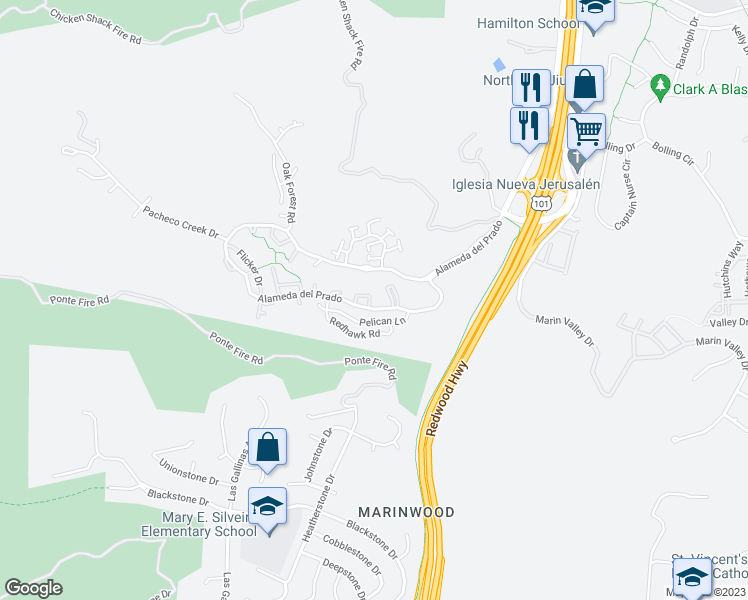 map of restaurants, bars, coffee shops, grocery stores, and more near 110 Oriole Circle in Novato