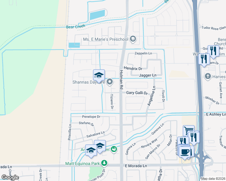 map of restaurants, bars, coffee shops, grocery stores, and more near 3420 Tiziano Court in Stockton